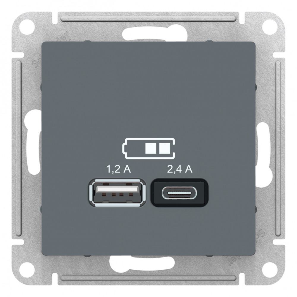 ATLASDESIGN USB РОЗЕТКА A+С, 5В/2,4А, 2х5В/1,2А, механизм, ГРИФЕЛЬ