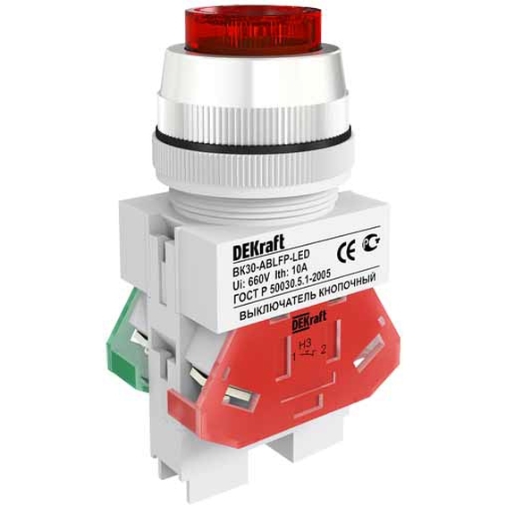 25048DEK DEKraft Выкл. кноп. ABLFP 30 мм Цвет:КРАСНЫЙ LED 220В ВK-30 DEKra
