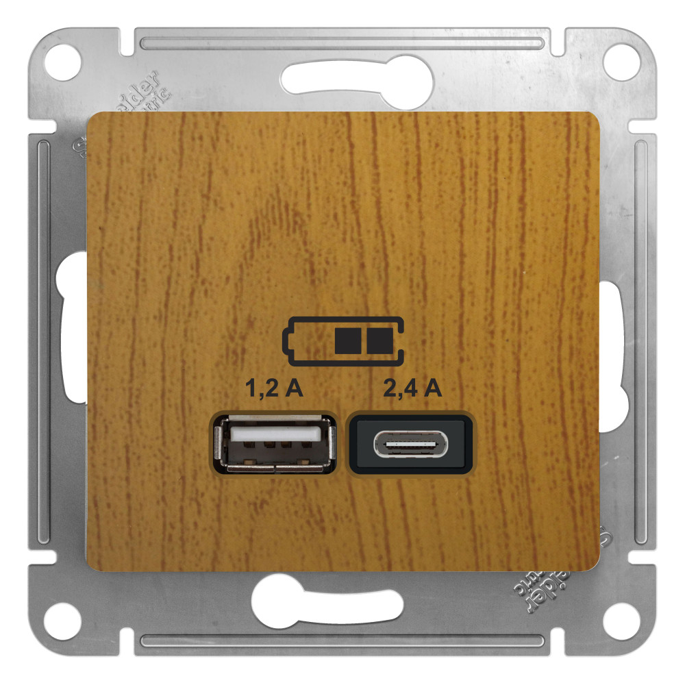 GLOSSA USB РОЗЕТКА A+С, 5В/2,4А, 2х5В/1,2 А, механизм, ДЕРЕВО ДУБ