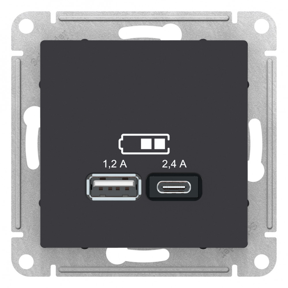 ATLASDESIGN USB РОЗЕТКА A+С, 5В/2,4А, 2х5В/1,2 А, механизм, КАРБОН