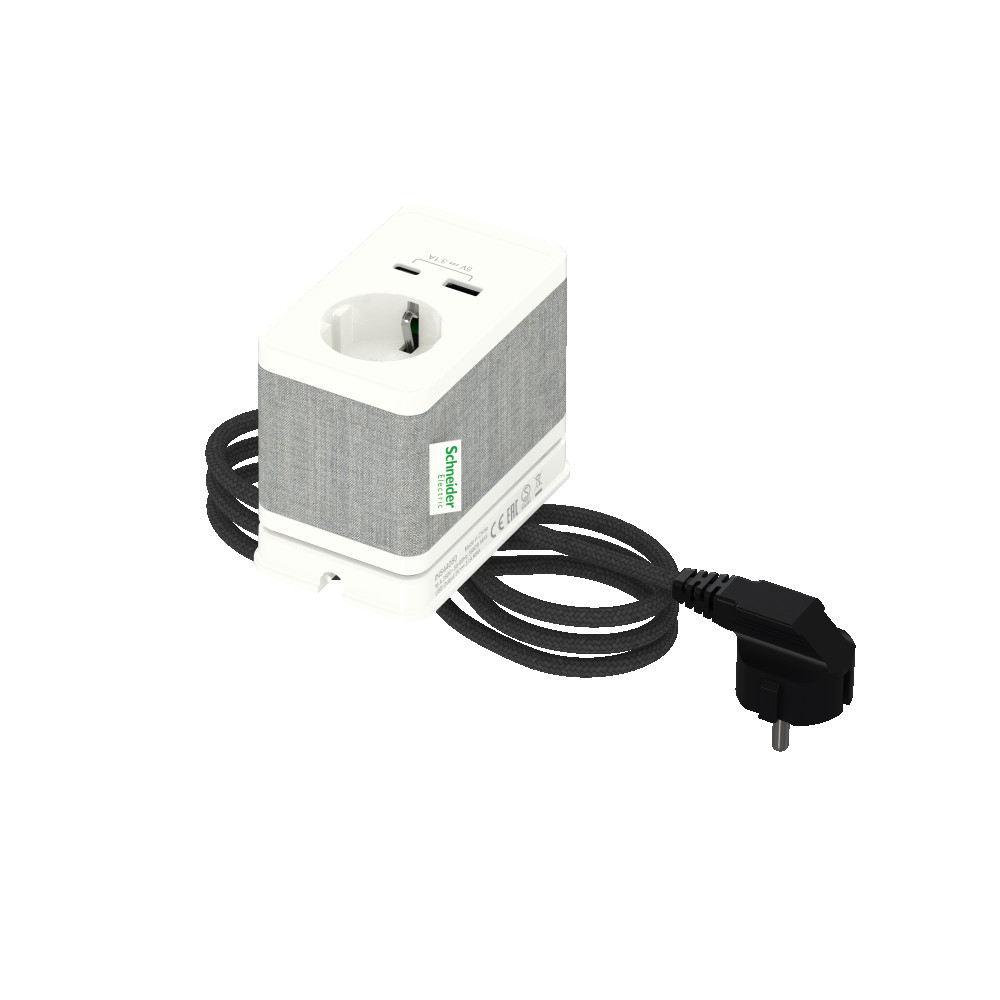 US+Блок розеточный с зажимом, с 1 розеткой (2К+З) и 2 зарядками USB (A+C) БЕЛЫЙ