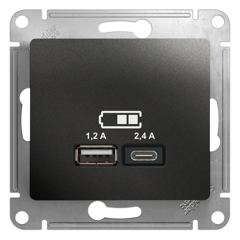 GLOSSA USB РОЗЕТКА A+С, 5В/2,4А, 2х5В/1,2 А, механизм, АНТРАЦИТ