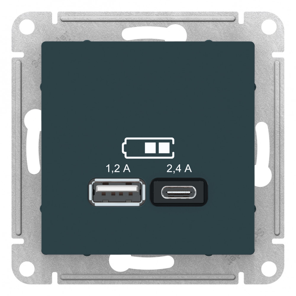 ATLASDESIGN USB РОЗЕТКА A+С, 5В/2,4 А, 2х5В/1,2 А, механизм, ИЗУМРУД