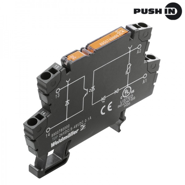 8951090000 WEIDMULLER Твердотельные реле, 230 V AC +10 % / -20 %, Варистор , 1 Нормально разомкнутый контакт (Транзистор), 5...48 В DC, 500 мА, PUSH IN